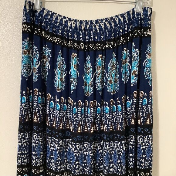 Bohemian Festival Blue Floral Boho Hippie Stretchy Casual Summer Midi Skirt Med - Picture 2 of 8